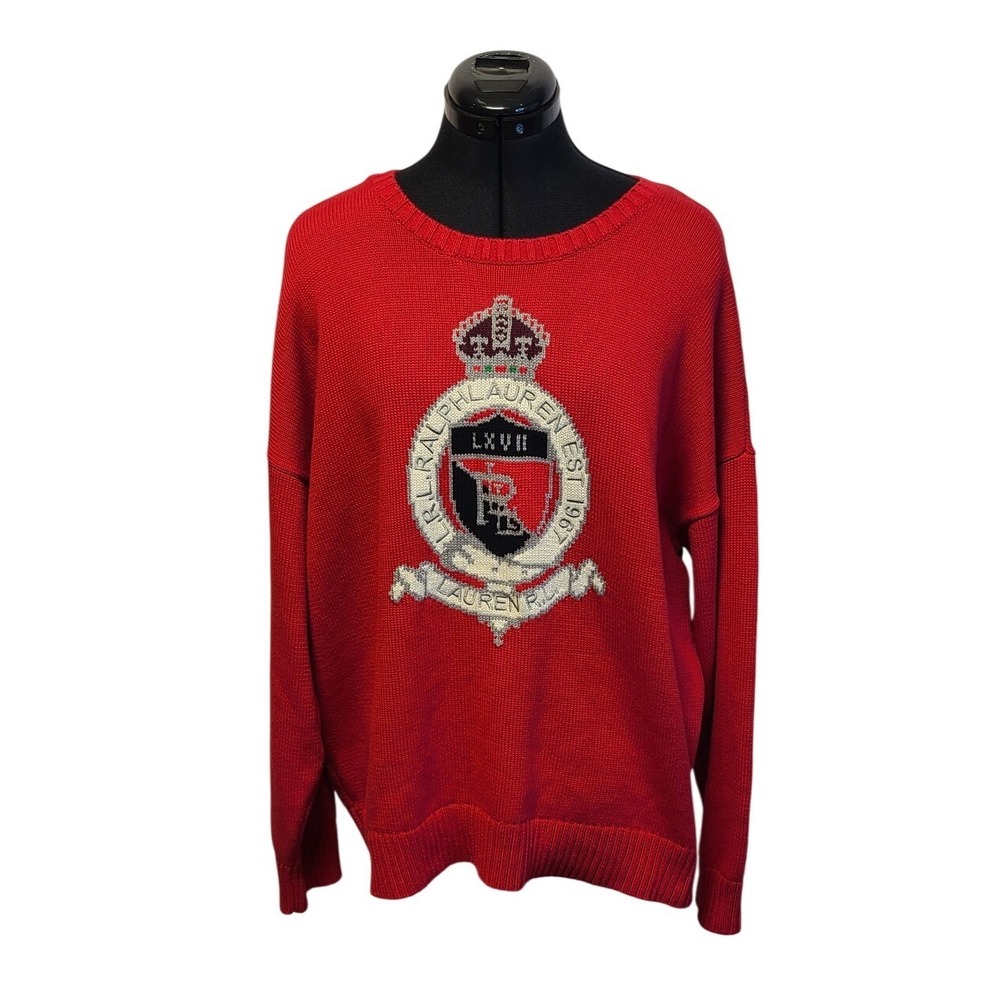 Lauren Ralph Lauren Red Cotton Crest Intarsia Knit Sweater Womens 3X NEW